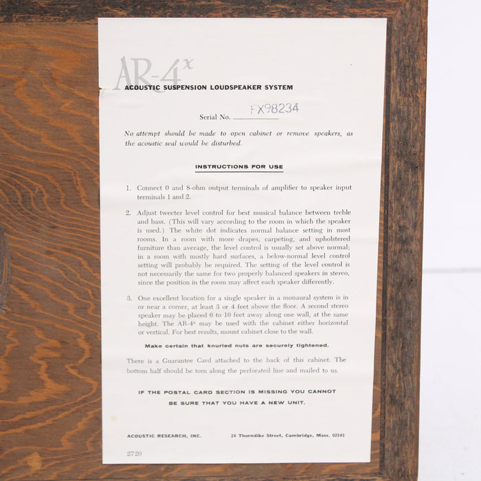 Acoustic Research AR-4X Two-Way Acoustic Suspension Loudspeaker System (1971)-Speakers-SpenCertified-vintage-refurbished-electronics