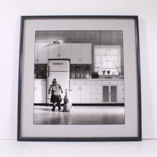 "Child and Dog" Framed Black & White Vintage Kitchen Scene Photograph-Painting-SpenCertified-vintage-refurbished-electronics