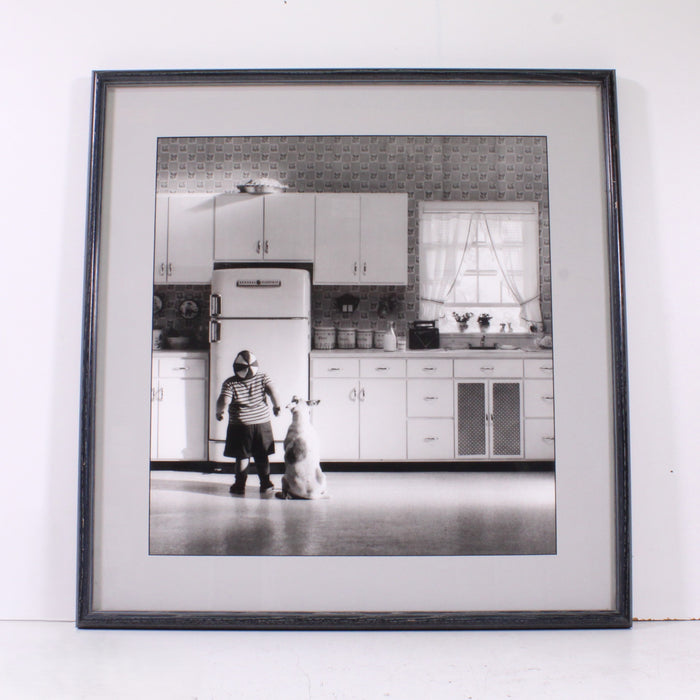 "Child and Dog" Framed Black & White Vintage Kitchen Scene Photograph-Painting-SpenCertified-vintage-refurbished-electronics