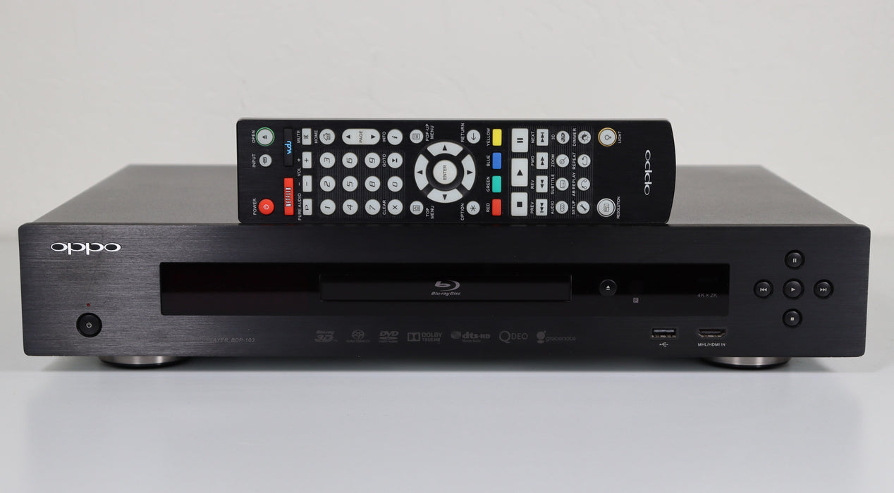 Oppo BDP-103 Universal Disc Player Blu-Ray DVD 3D 4K Video BD-Video, Blu-ray 3D, DVD-Video, DVD-Audio, AVCHD, SACD, CD, HDCD, Kodak Picture CD, CD-R/RW, DVD±R/RW, DVD±R DL, BD-R/RE-DVD & Blu-ray Players-SpenCertified-vintage-refurbished-electronics