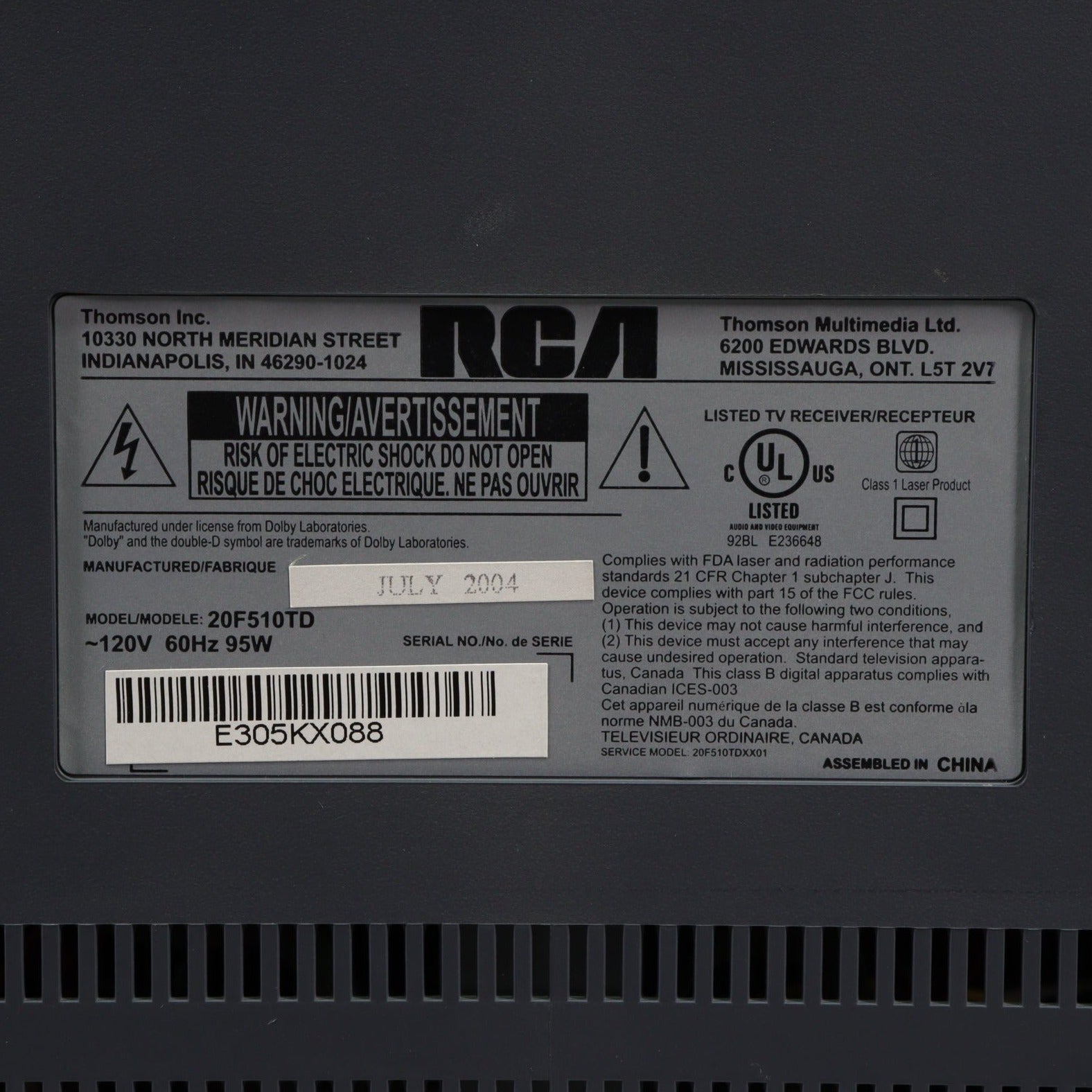 RCA 20F510TD 20" TruFlat CRT Retro Gaming TV DVD Combo (DVD WON'T PLAY