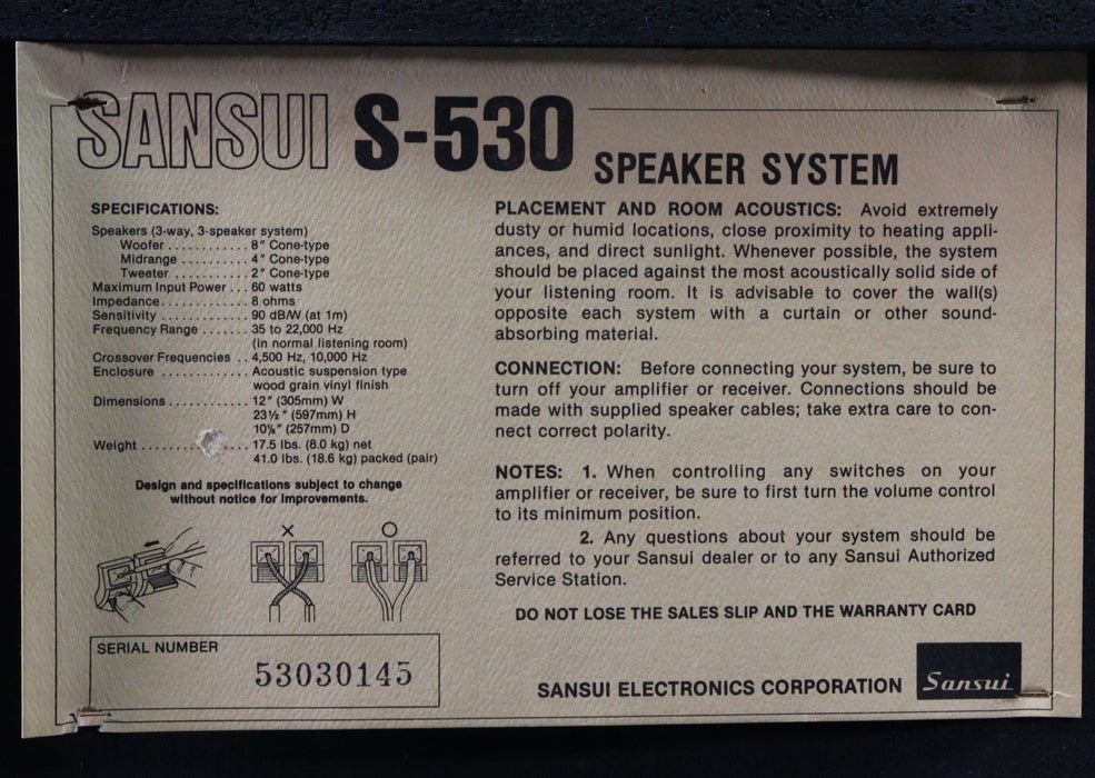 Sansui S-530 3-Way Floor Speaker Pair-Speakers-SpenCertified-vintage-refurbished-electronics