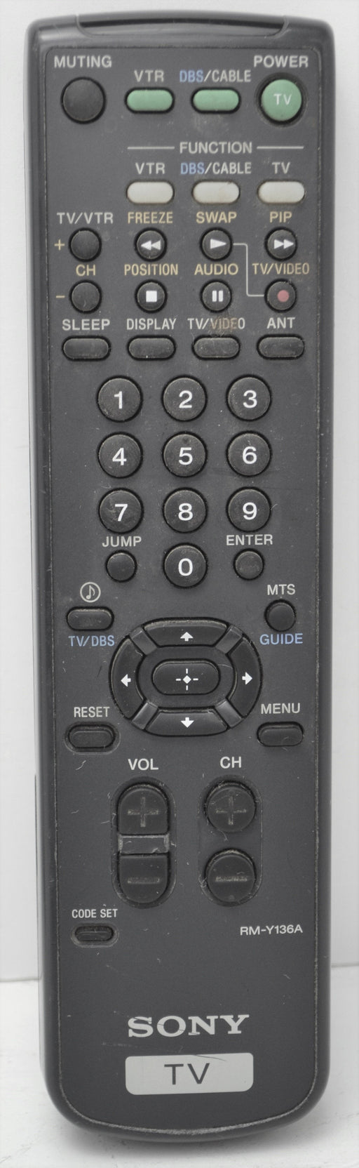 Sony RM-Y136A Audio / Video and TV Remote Control KV32XVBR250
KV36BR250
KV36FV2
KV36VBR250
KV36XBR250
KV36XBRR250
KV36XR450
KV38FX250
KV40XB700
KZ36XBR250-Remote-SpenCertified-refurbished-vintage-electonics