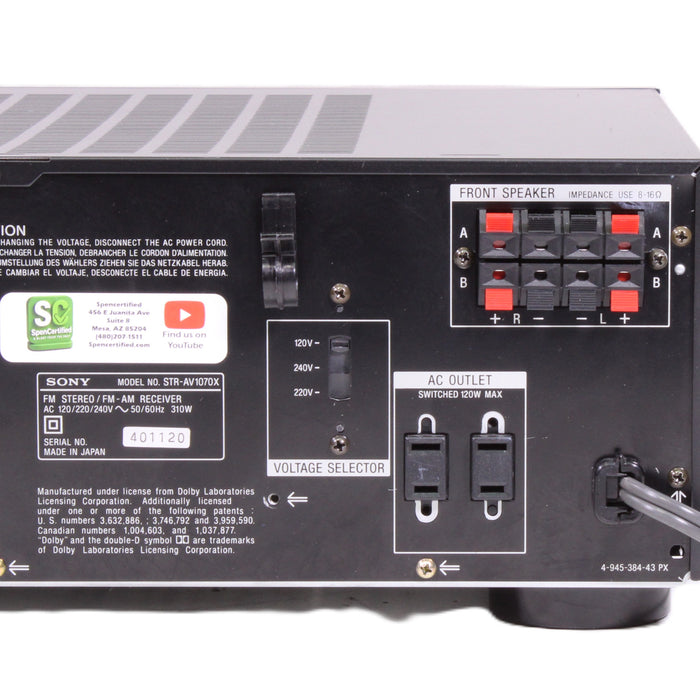 Sony STR-AV1070X AM/FM Dolby Surround Stereo Receiver 120WPC Phono Input-Audio & Video Receivers-SpenCertified-vintage-refurbished-electronics