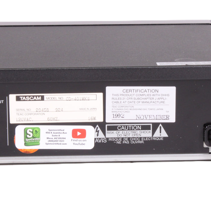 TASCAM CD-401MKII Professional Rack-Mount CD Player (1992)-Electronics-SpenCertified-vintage-refurbished-electronics