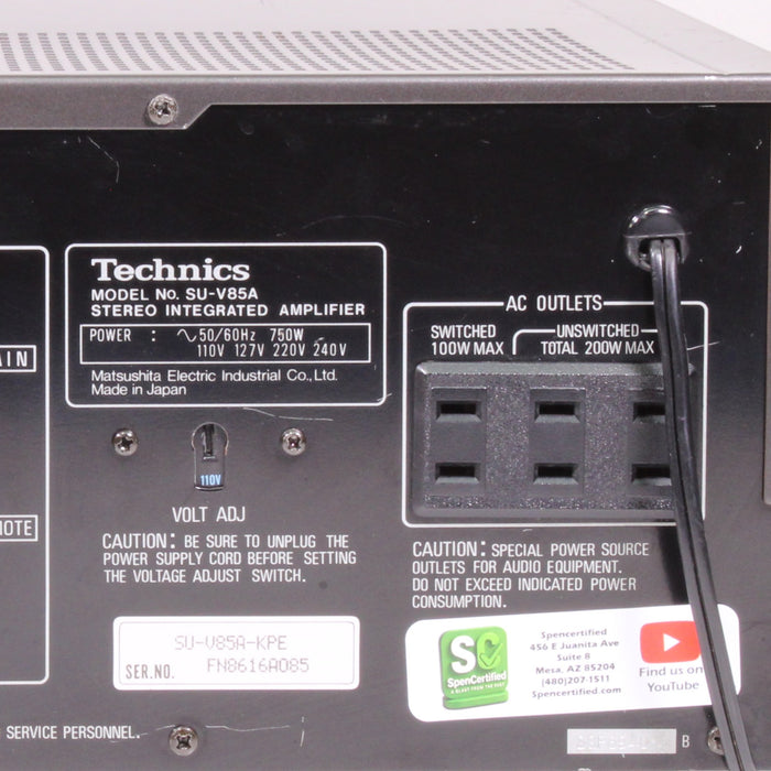 Technics SU-V85A Stereo Integrated Amplifier (NO REMOTE)-Audio Amplifiers-SpenCertified-vintage-refurbished-electronics