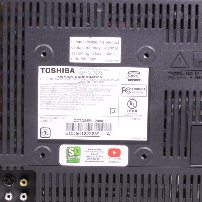 Toshiba 19LV505 19" LCD HDTV with built-in DVD player (2008)-Televisions-SpenCertified-vintage-refurbished-electronics