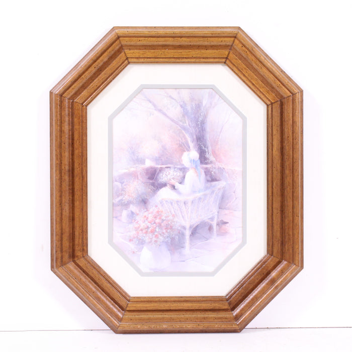 "Woman on Wicker Bench" Vintage Pastel Garden Scene Framed Print-Painting-SpenCertified-vintage-refurbished-electronics